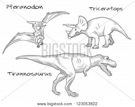 A set of thin line engraving style illustrations of various kinds of prehistoric dinosaurs, it includes pteranodon, tyrannosaurus t-rex, and triceratops
