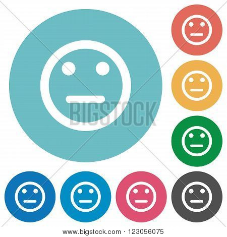 Flat neutral emoticon icon set on round color background.