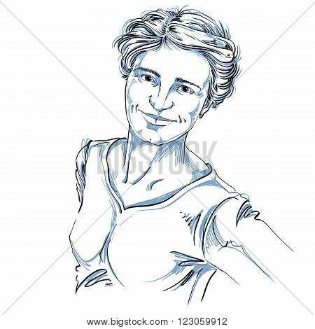 Artistic hand-drawn vector image black and white portrait of delicate kind stylish girl. Emotions theme illustration good face expressions. Portrait of Caucasian type girl.