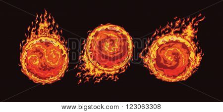 Set of hot fire balls on the speed in flame isolated on a black background. Vector illustration.