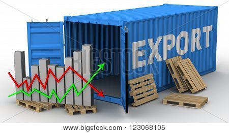 The change of volume of export. Concept. The open cargo container with inscription 