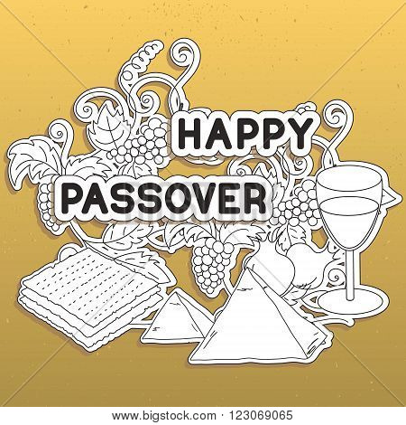Happy Passover. Greeting card. Hand drawn elements on gold background. Vector illustration.