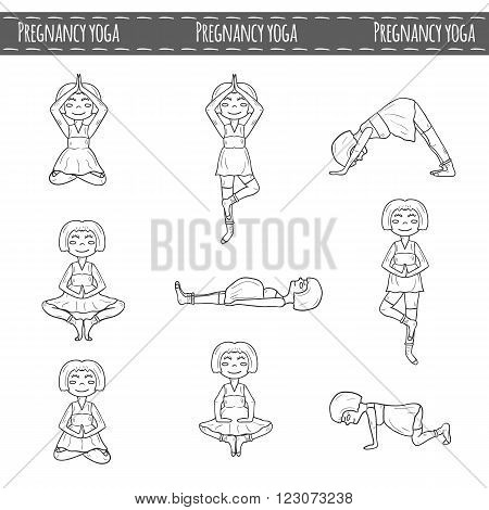 Set of hand drawn pregnant women on pregnancy yoga theme