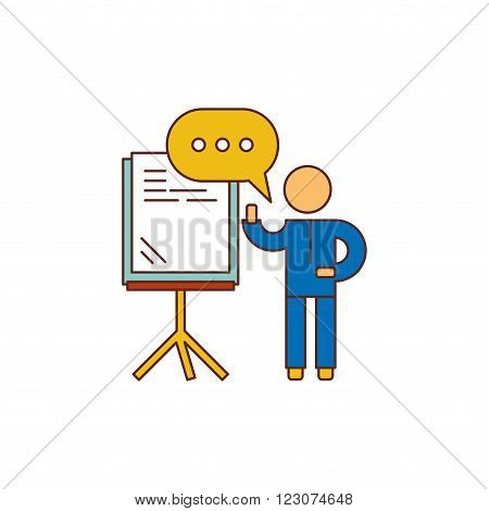 Training seminar concept. Speaker stands near the presentation board and holds seminar. Outline vector illustration.