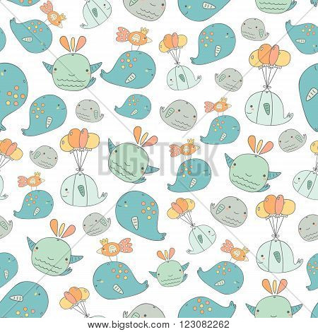 Cute hand drawn doodle whales seamless pattern with whale with balloons mum and baby whale whale with bird.Pattern for wrapping paper cover fabric