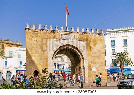 TUNIS TUNISIA - August 29 2007. Gates of Medina old center of Tunis capital city of Tunisia. Main entrance in historical part of town.