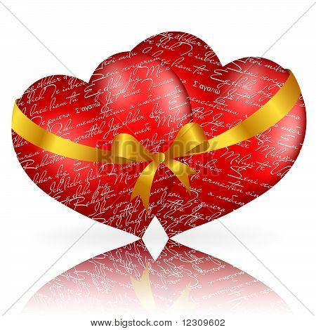 Altın yay ve şerit beyaz arka plan üzerinde iki kırmızı kalp