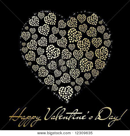 Soyut altın kalp siyah arka plan üzerinde. Sevgililer Günü tebrik kartı