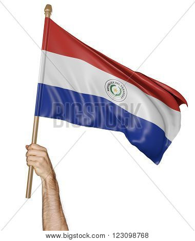 Hand proudly waving the national flag of Paraguay
