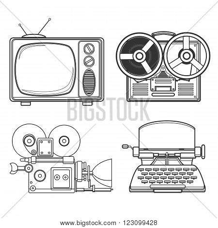 Retro tehnology vector lineart black and white illustration.