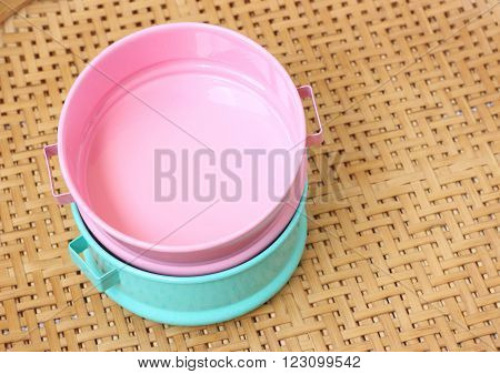 Metal tiffin, Thai food carrier on wooden background.