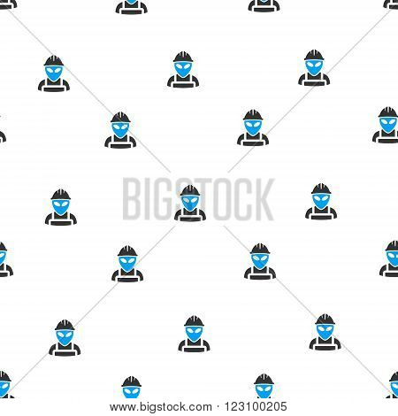 Alien Worker vector seamless repeatable pattern. Style is flat blue and dark gray alien worker symbols on a white background.