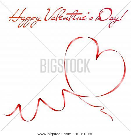 Kalp şekli kırmızı kurdele ile yaptı. Sevgililer Günü tebrik kartı