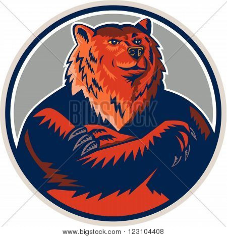 Illustration of a Russian bear or Eurasian brown bear with arms folded viewed from front set inside circle done in retro style.