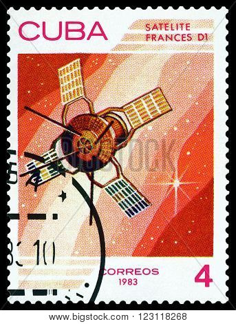 CUBA - CIRCA 1983: A stamp printed in Cuba shows Satellite Frances D1 the study of near-Earth space circa 1983