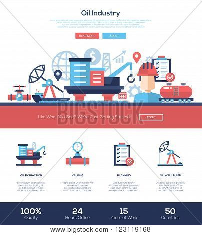 Oil and gas production industry web site one page website template layout with flat header, banner, icons and other flat design web elements