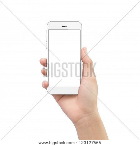 hand holding phone isolated on white clipping path inside
