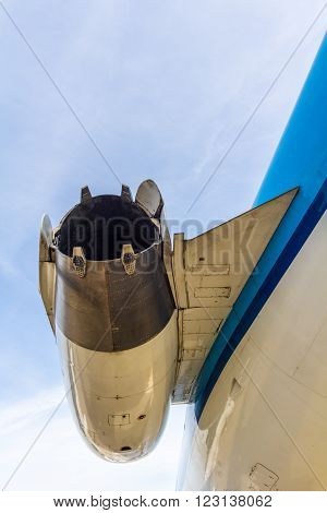 Amsterdam Schiphol Airport North Holland/the Netherlands - March 10 2016: jet engine of a KLM fokker 100 passenger aircraft on the viewing platform
