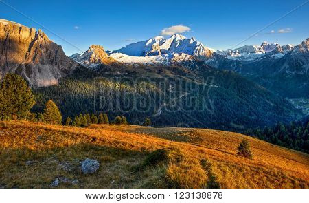 View to massif Marmolada from Passo Sella
