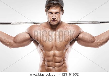 Muscular Bodybuilder Guy Doing Exercises With Big Dumbbell