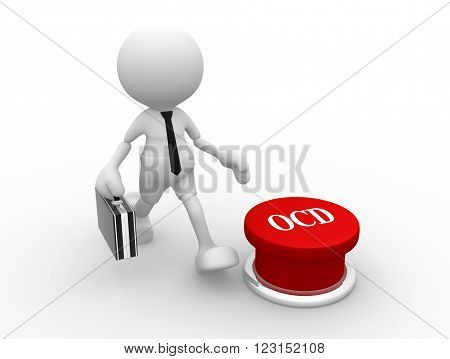 3d people - man person and a red button. OCD ( Obsessive compulsive disorder )