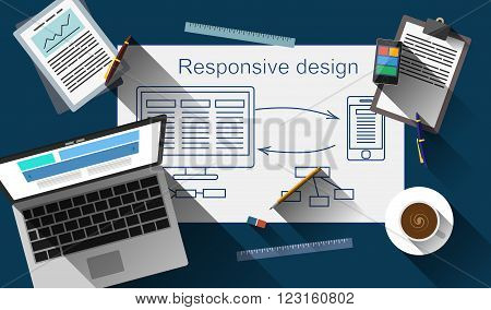 Responsive web design working process illustration, flat design with shadows.