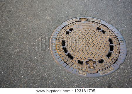 Manhole cover on garden pavement in spring time