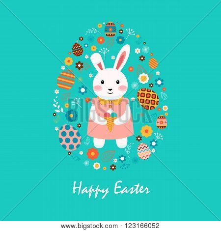 Stock vector illustration Happy Easter bunny in dress with ice cream, colored eggs, spring decoration, leave, flowers in flat style on blue background to printed materials, website, postcard, greeting