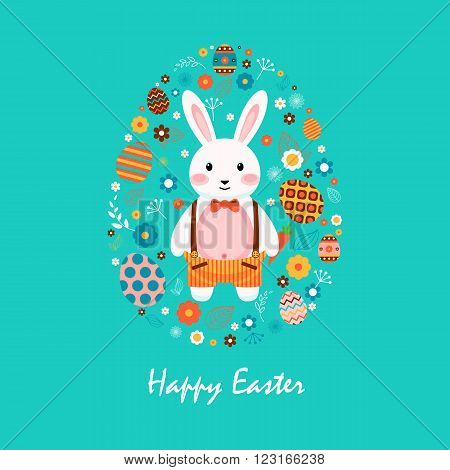 Stock vector illustration Happy Easter bunny in shorts with braces, colored eggs, spring decoration, leaves, flowers in flat style on blue background to printed materials, website, postcard, greeting