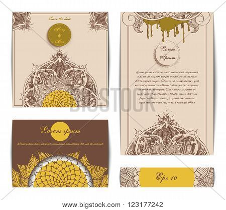 Set vector illustration for cards. Floral element for design and place for text. Floral ornament for business cards banners wedding invitations and greeting cards. Mandala decor with flower