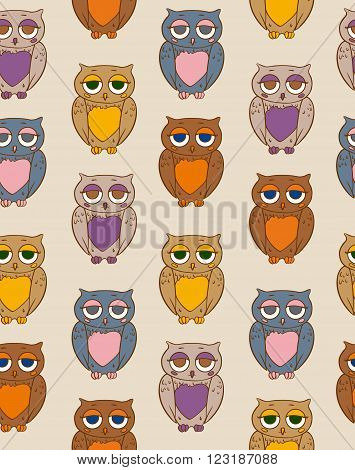 Seamless Vector Pattern with Owls on a Beige Background