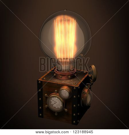 Rendered 3d steampunk style glowing lamp design