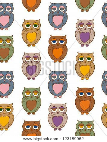 Seamless Vector Pattern with Multicilored Owls on a White Background
