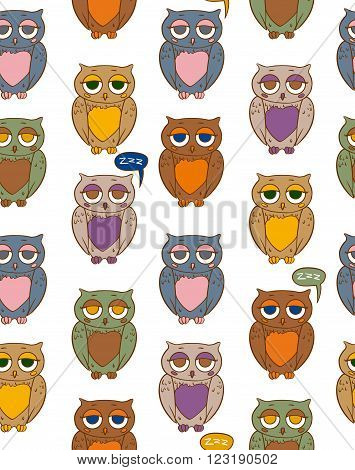 Seamless Vector Pattern with Sleepy Multicilored Owls on a White Background
