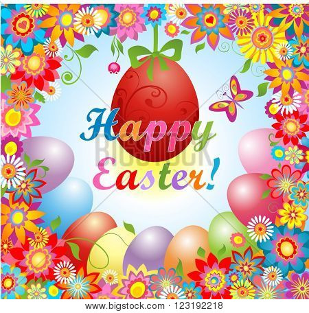 Easter greeting with flowers and hanging egg