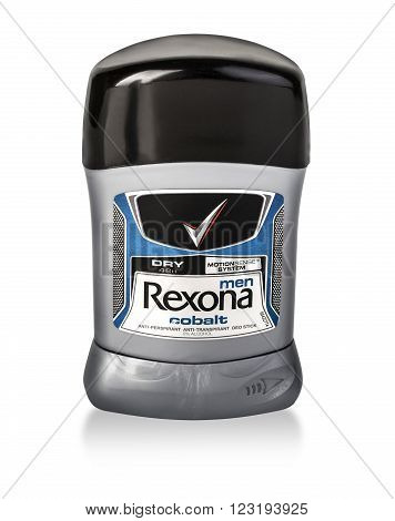 CHISINAU MOLDOVA - March 14 2016: Stick of Rexona Men + care deodoranton white background. With clipping path