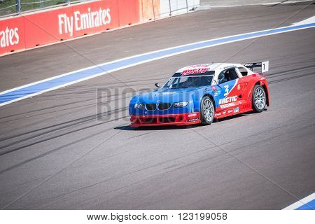 Sochi Russia - May 11 2015: Training races of the high speed car on the autodrom.