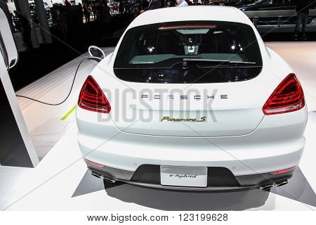 NEW YORK - March 23: A Porsche Panamera S exhibit at the 2016 New York International Auto Show during Press day,  public show is running from March 25th through April 3, 2016 in New York, NY.