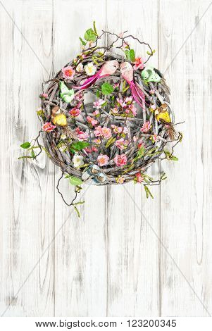 Easter wreath. Vintage style holidays decoraion. Nest