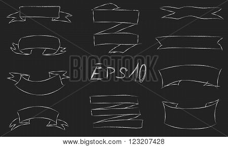 Hand drawn outline set of ribbons, banners and buttons on blackboard background