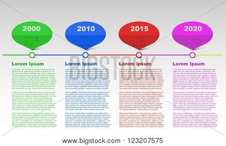 Row timeline infographic with years, infographics, text infographic, colored infographic, modern technology timeline, outline icons