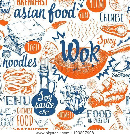 Asian street food. Vector Illustration with funny food lettering and labels on white background. Decorative elements for your packing design. Multicolor decor.