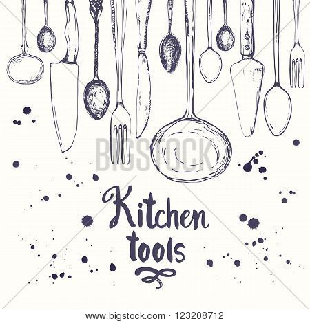 Vector Illustration with funny eating utensils on white background. Decorative elements for your packing design. Multicolor decor.