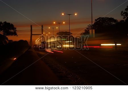 Dusk view of the cable stayed bridge in KR Puram , Bangalore , Karnataka state of India