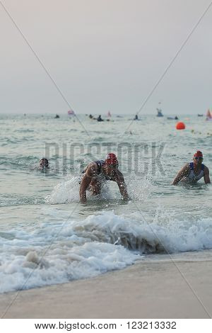 Phetchaburi Thailand - March 19 2016: The Amarin Outdoor Unlimited International Triathlon 2016 event at Naresuan Camp Cha-am beach in Phetchaburi.