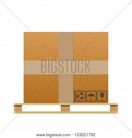 Big brown closed carton delivery box with fragile signs on wooden pallet. vector illustration isolated on white background