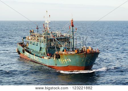 Pacific Ocean - October 30th, 2015: The Pacific Ocean, 300 nautical miles to the East from the Japanese island of Hokkaido, Chinese JU LONG JIA YA fishing vessel No.10.