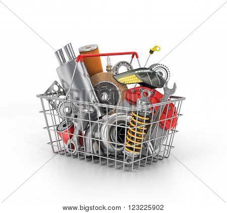 Basket from a shop full of auto parts. Auto parts store. Automotive basket shop.