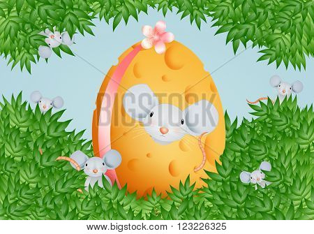 Easter cheese egg with family of mice