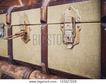 Vintage Luggage Suitcase open lock Travel holiday concept